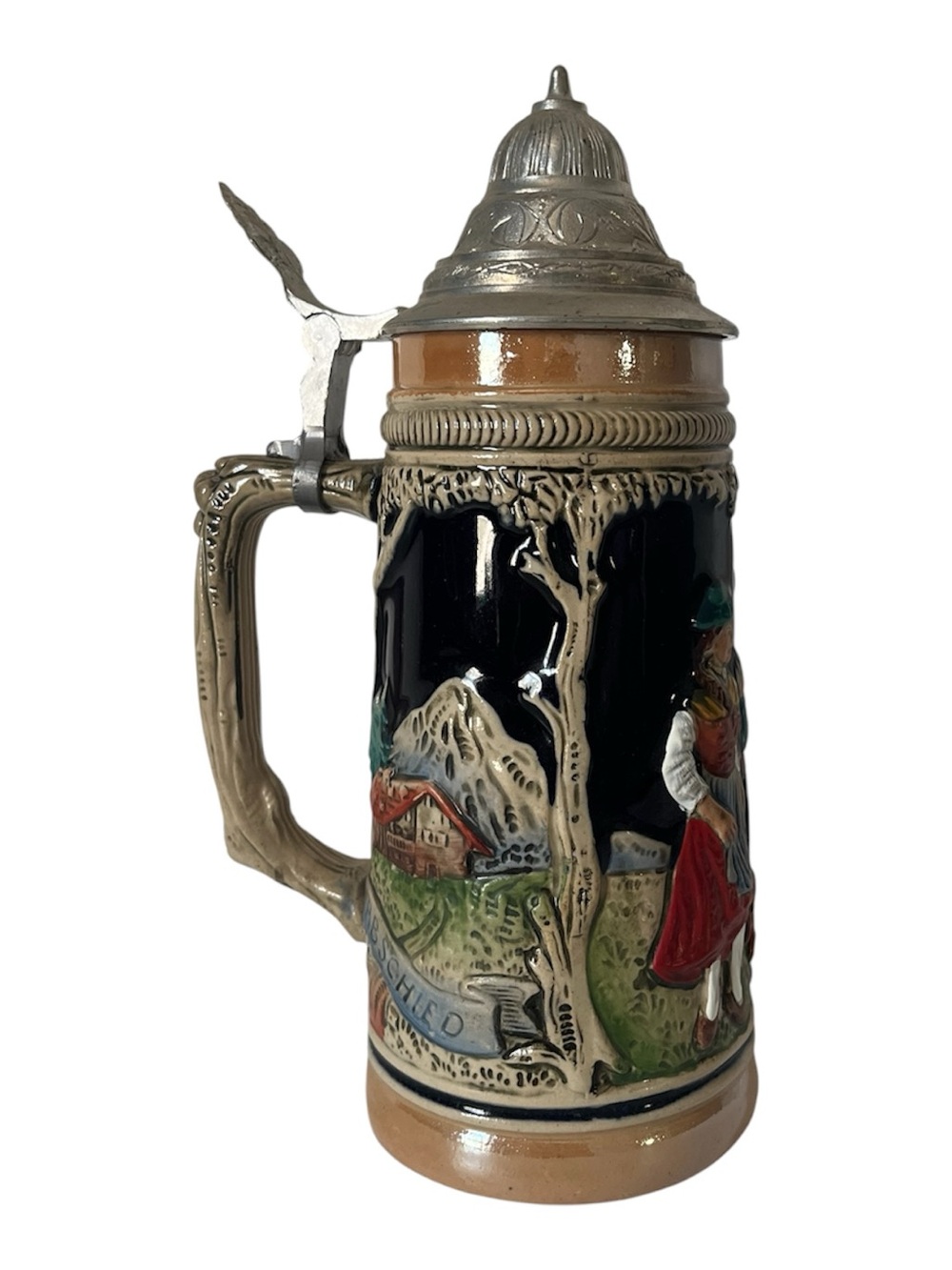 Vintage German Beer Stein with Pewter Lid and Hunter's Farewell Scene